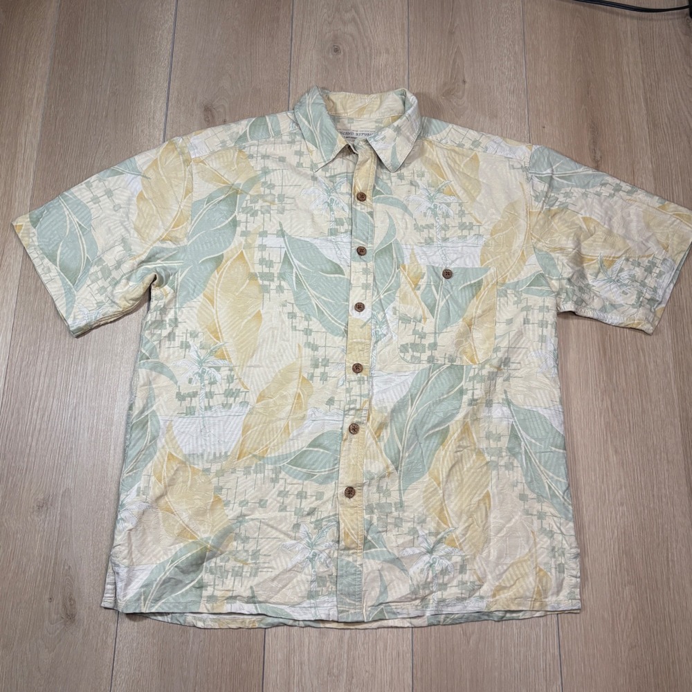 Island Republic Mens Large 100% Silk Tropical Palm Leaf Button Down Shirt Camp